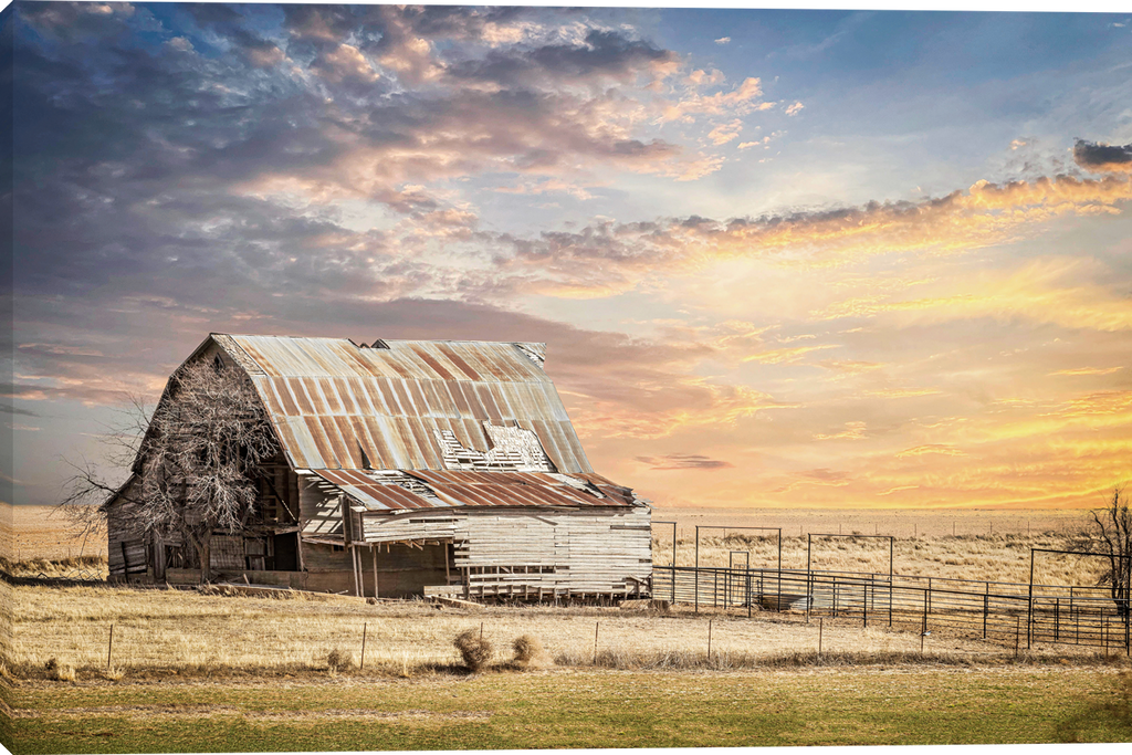 A rustic weathered barn with a corrugated metal roof stands in a dry grass field under a dramatic cloudy sky at sunset, with a fence running along the right side.  All That Remains Giclee canvas gallery wrapped art prints by Teri James