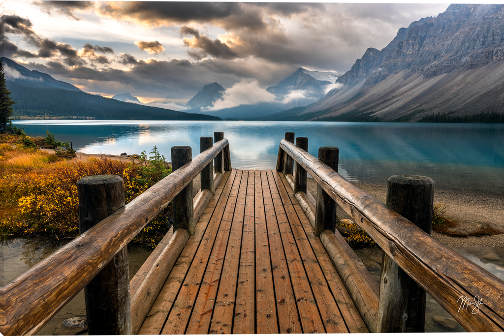 Bridge to Bow Lake Mountain Landscape Gallery Wrapped Giclee canvas art prints by Mickey Shannon Artist