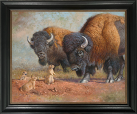 Prairie Neighbors Bison and Prairie Dogs meeting for a chat!  Custom Framed giclee canvas art prints by Hayden Lambson
