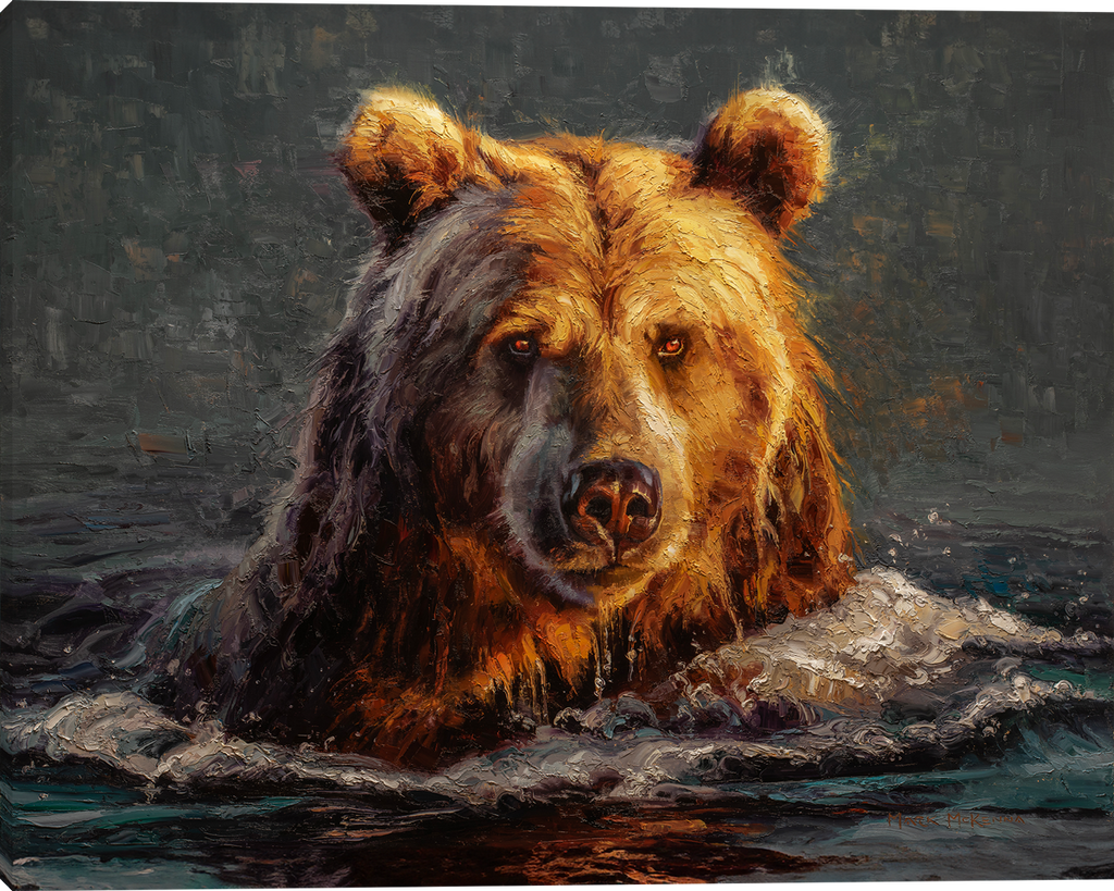 Sundown Swim Colorful Bear Gallery Wrapped Canvas art prints by Mark Mckenna artist.