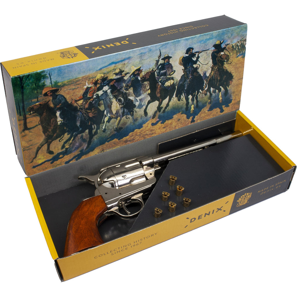 Denix Old West Replica M1873 Nickel Finish Cavalry Single Action Revolver - Non-firing Gun Box Set