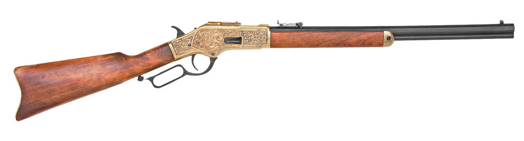 Old West 1873 Engraved Brass Trim Replica Lever Action Rifle Non-Firing Gun