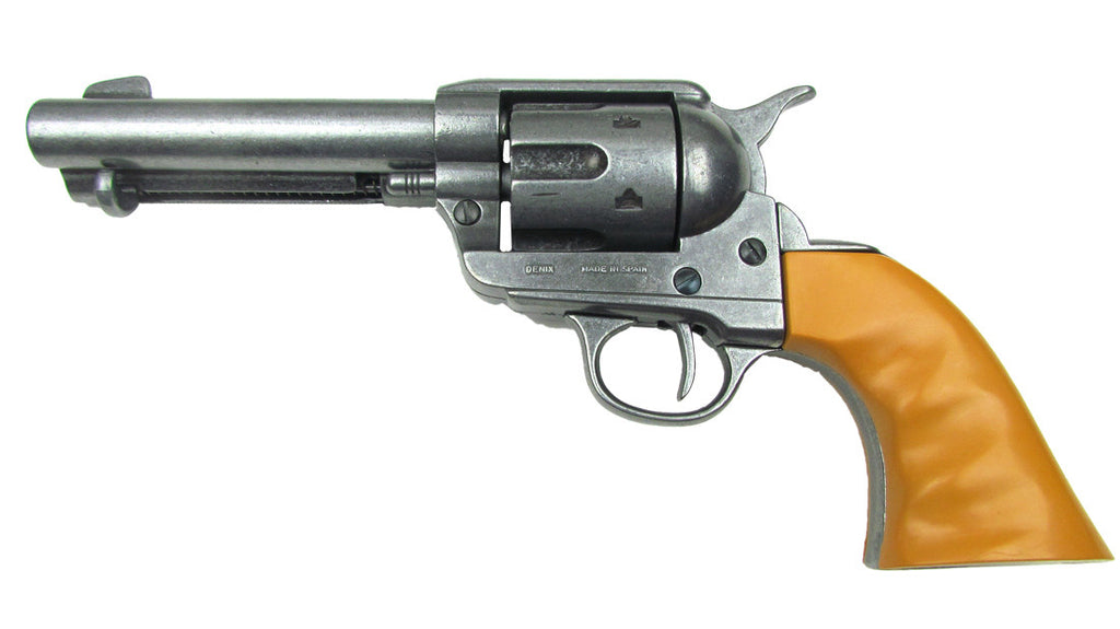 Old West Replica M1873 Antique Finish Quick Draw Revolver, Auburn Finger Grooved Grips Non-Firing Gun