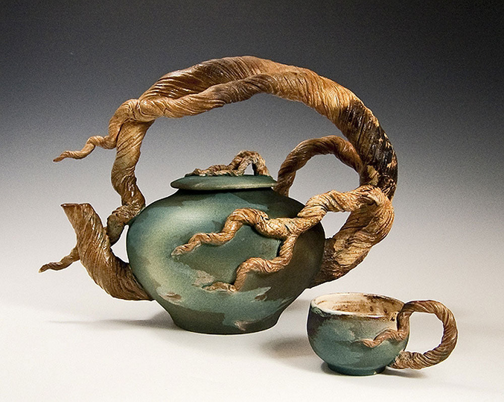 Arching Branch Teapot with 2 cups Ceramic Artwork by Bonnie Belt