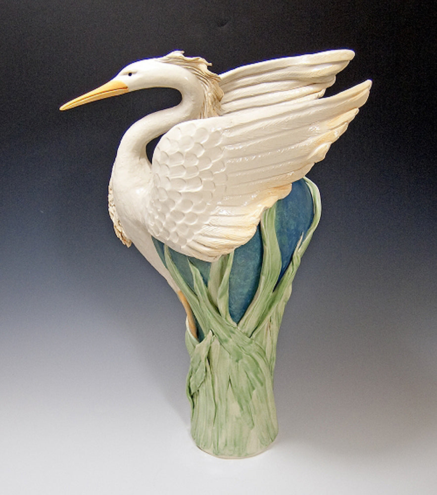 Preying Heron Vase Ceramic Artwork by Bonnie Belt