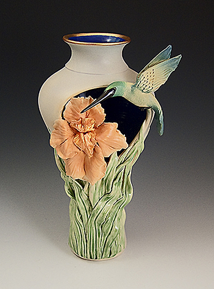 Hummingbird Iris Cutout Vase Ceramic Artwork by Bonnie Belt