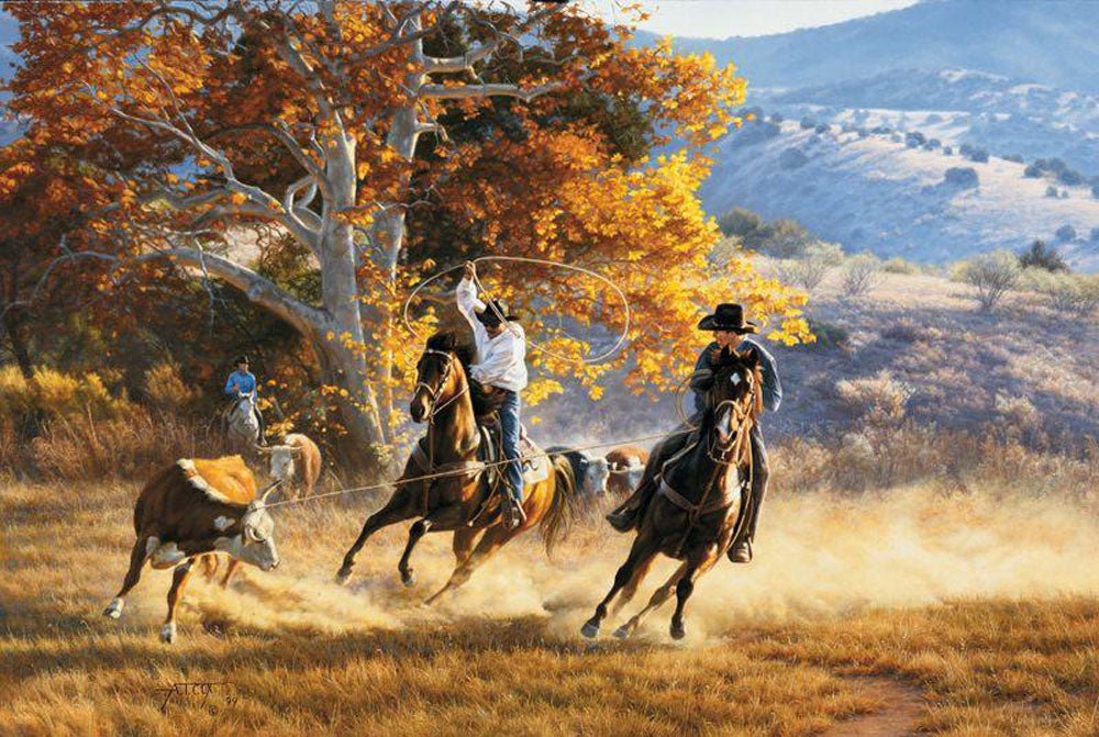 Heading for the Heels Cowbow Roping Artwork by Tim Cox